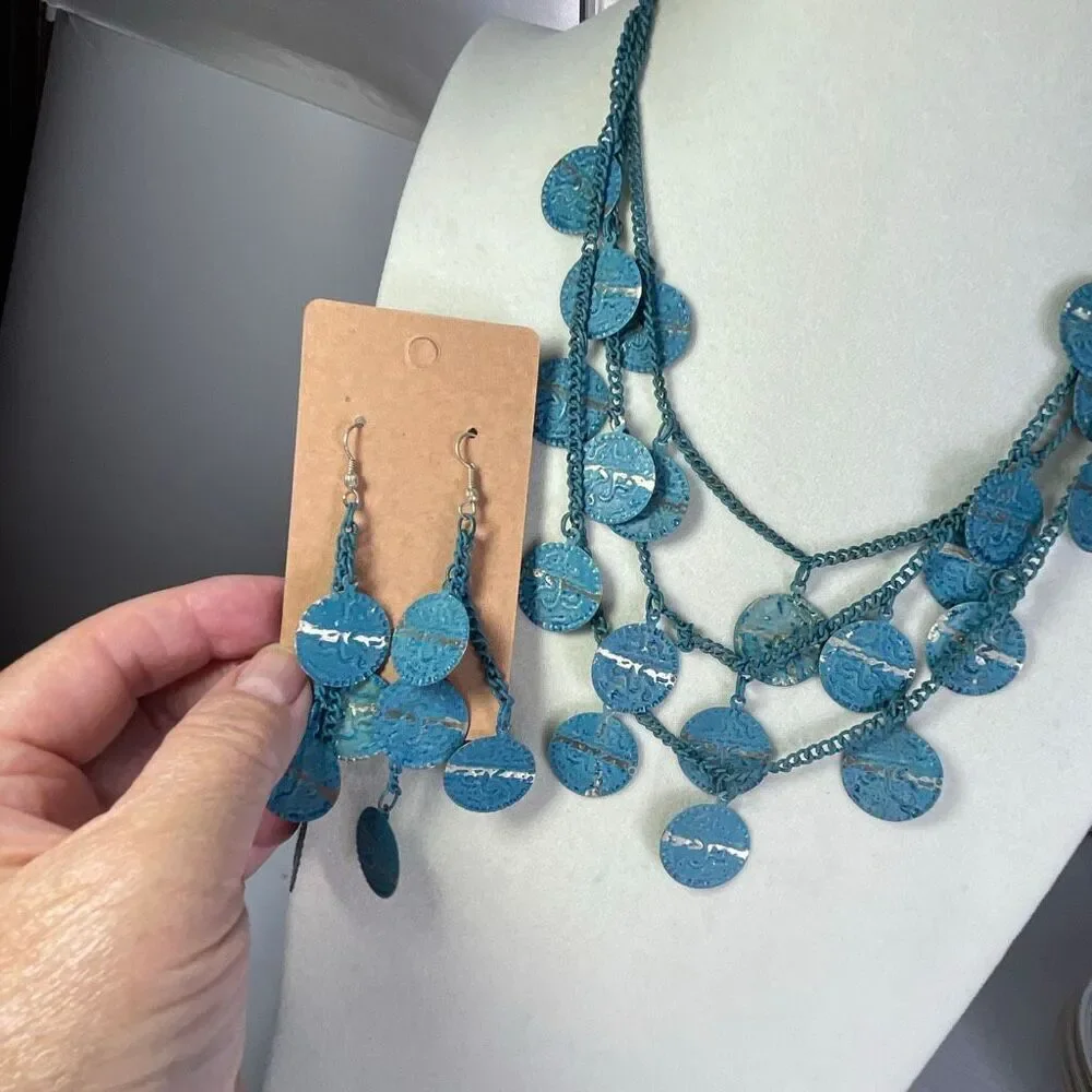 Boho 3 strand distressed metal coin necklace & long earrings